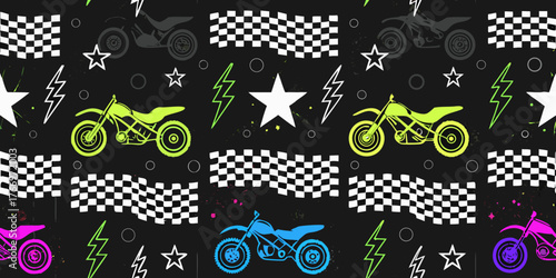 Vibrant motocross motorcycle pattern with checkered flags stars and lightning bolts on black background