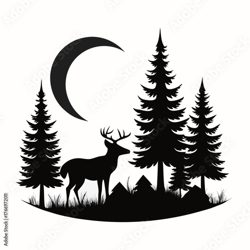 Enchanting forest scene with deer fox and moonlit pine trees