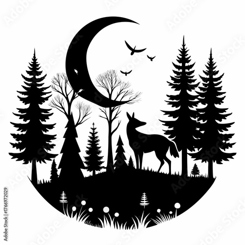 Enchanting night forest scene with deer fox pine trees moon and birds
