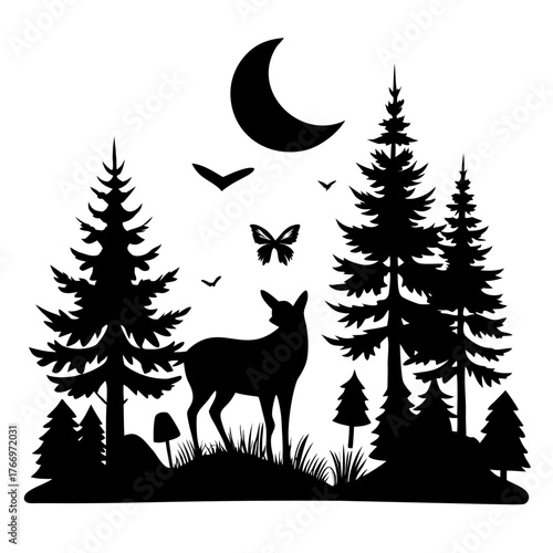 Whimsical forest scene with deer fox pine trees moon and birds in silhouette