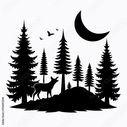 Enchanting forest scene with deer fox pine trees moon and flying birds