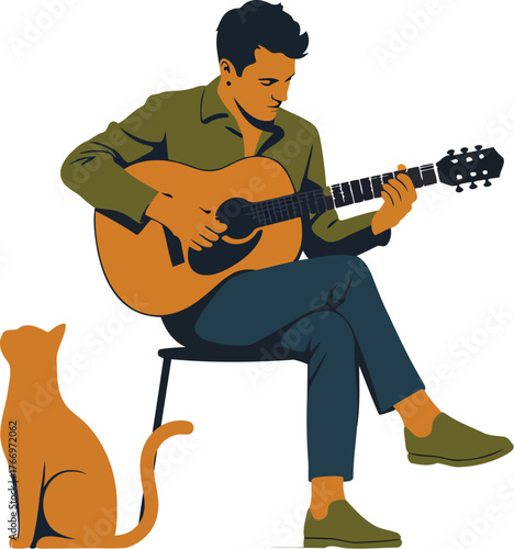 Stylized Guitarist Composing Acoustic Melody With Cat Companion Isolated Flat Vector