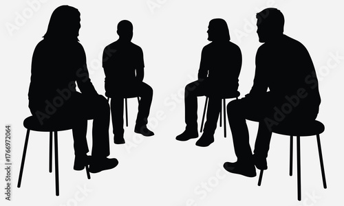Silhouettes of four individuals sitting in a circle, symbolizing a confidential meeting, support group, or collaborative discussion, representing communication and connection