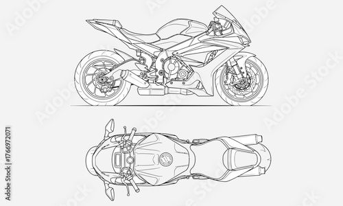 Technical line drawing illustration of a modern sport motorcycle, showing detailed side profile and top down schematic views