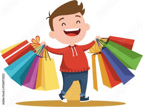 Happy child holding shopping bags on yellow background