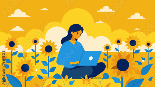 Amidst the sea of yellow a remote worker in a sunflower field finds a moment of calm and clarity.. Vector illustration