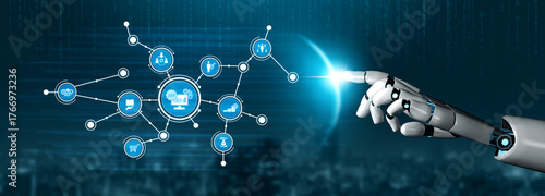 Canvas Print A futuristic robotic hand touches a glowing digital network, illustrating the integration of advanced technology and automation in everyday life and industry