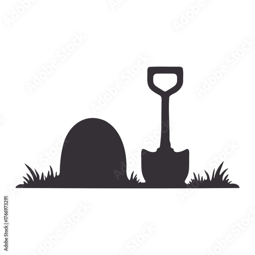 Silhouette of a hole in the ground with grass and a shovel standing next to it in black color