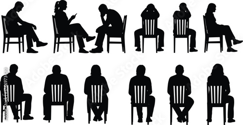 Seated silhouette poses, back view, emotional posture, body language, chair sitting, thoughtful gesture, human behavior, mood, interaction, expression