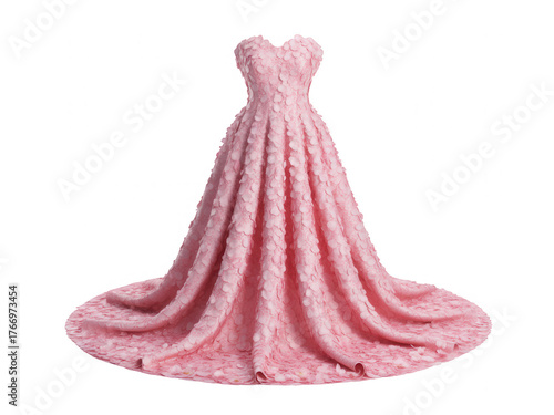Pink strapless ball gown with floral petal embellishments and flowing train Transparent Background