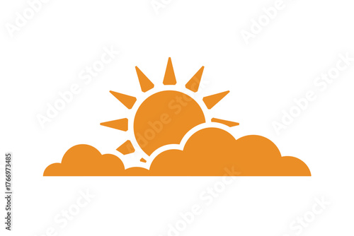 Illustration of a sun with rays partially obscured by fluffy clouds