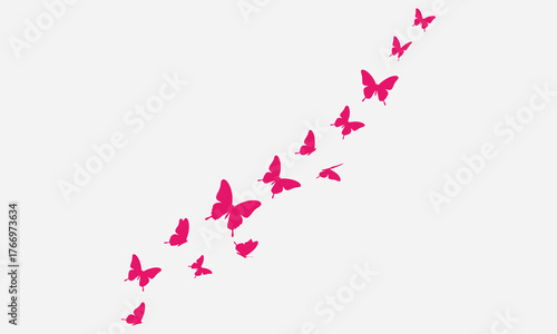 A graceful stream of vibrant pink butterflies in flight, creating an elegant and ethereal decorative pattern on a clean white background, symbolizing freedom and transformation
