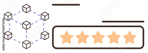 Blockchain network of interconnected blocks with 5-star user ratings. Ideal for trust, feedback systems, digital validation, blockchain technology, consumer satisfaction, ratings, simple flat