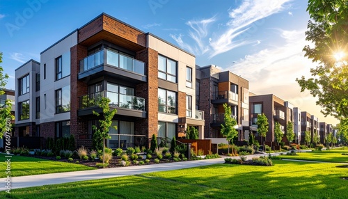 Modern multifamily housing property with brick, siding facade features balconies, manicured lawns