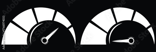 Set of speedometer icons for measuring performance. Speedometer icons set. Dashboard performance indicator sign. Dashboard speedometer gauge vector illustration with performance dial, control needle