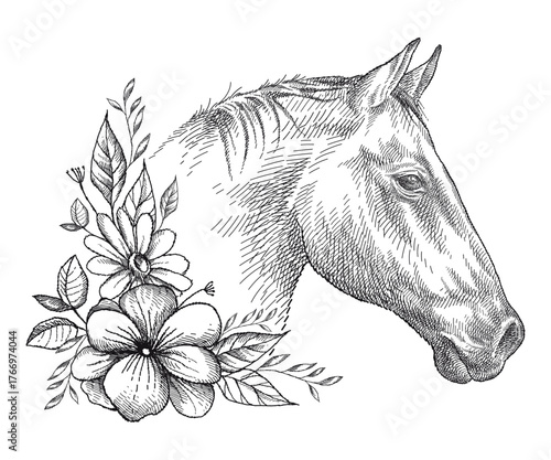 Hand-drawn graphic sketch of horse portrait and flowers in black isolated on white background. 