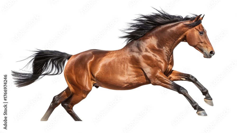 Fototapeta premium Handsome brown stallion galloping and jumping cut out on PNG. AI GENERATED.