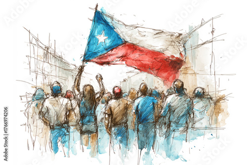 Crowd protesting holding puerto rican flag watercolor