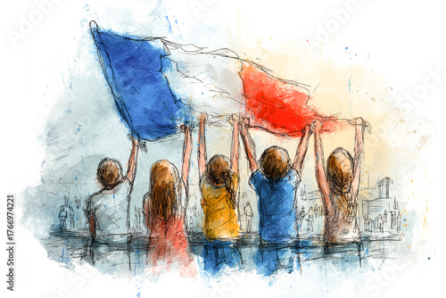 People raising france flag with watercolor drawing style