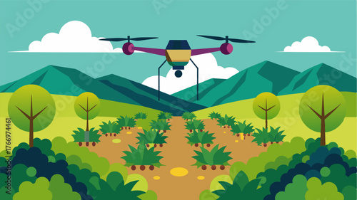 A drone flies low over a vineyard scanning for signs of gvine pests. Once detected the drone releases a microencapsulated form of beneficial nematodes that specifically target the. Vector illustration