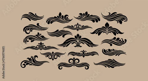 Collection of elegant black ornamental flourishes and decorative elements