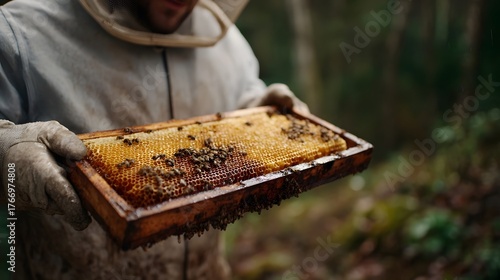 A beekeeper in protective gear carefully holds a wooden frame filled with golden honeycomb and busy bees in an outdoor natural setting