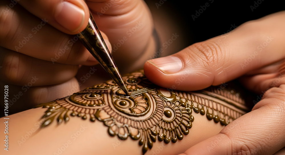 Fototapeta premium Henna Artist Creates Intricate Mehndi Design on Arm