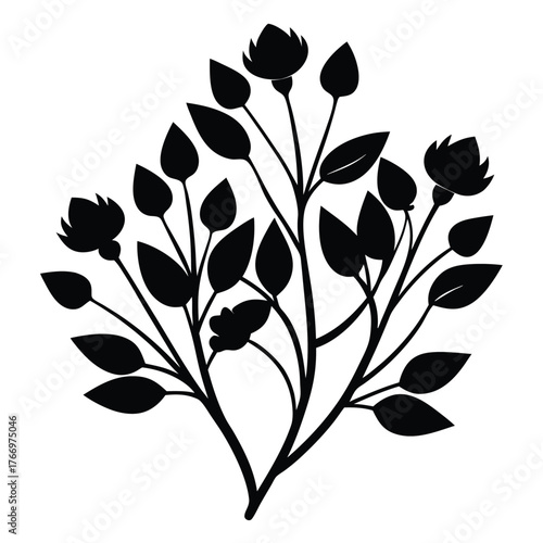 Blooming floral silhouette shows branches, leaves and flower buds in a botanical themed plant