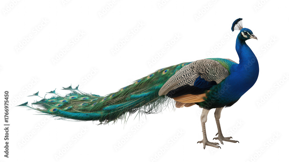 Fototapeta premium Realistic 3d royal blue peacock with long iridescent tail feathers Transparent Background bird