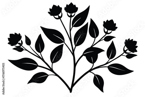 Striking black silhouette shows symmetrical stems with leaves and flowering blossoms on a pure white field