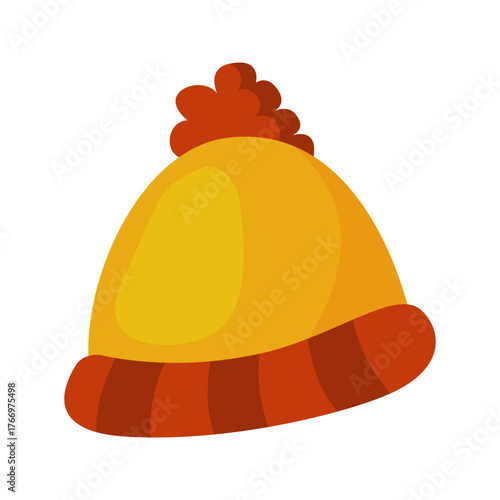 Yellow winter hat with a reddish orange pompom, perfect for winter clothing designs, holiday themes, or cozy lifestyle blogs. Suitable for various winter designs and seasonal projects.