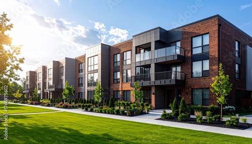 Modern multifamily housing property with brick, siding facade features balconies, manicured lawns