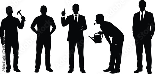 Silhouettes of diverse male professions, construction worker, businessman, gardener, confident pose, formal attire, career roles, occupational diversity, lifestyle