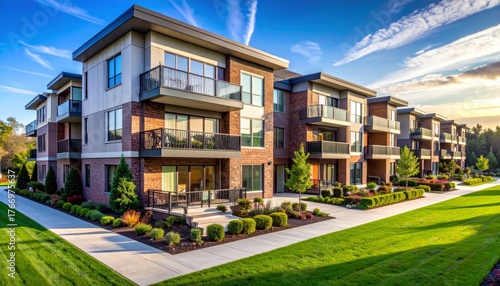 Modern multifamily housing property with brick, siding facade features balconies, manicured lawns