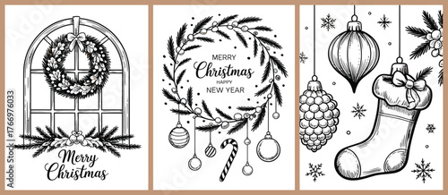 Christmas greeting card design featuring whimsical hand drawn icons and festive elements to convey holiday joy and New Year wishes in a fun illustrative layout.