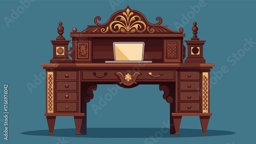An ornate desk made of dark wood and adorned with intricate carvings serves as a work station for the modern contion known as a laptop.. Vector illustration