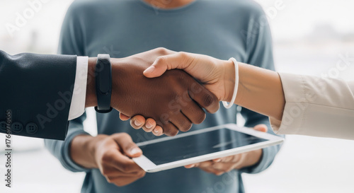 Diverse business people shaking hands over a tablet computer