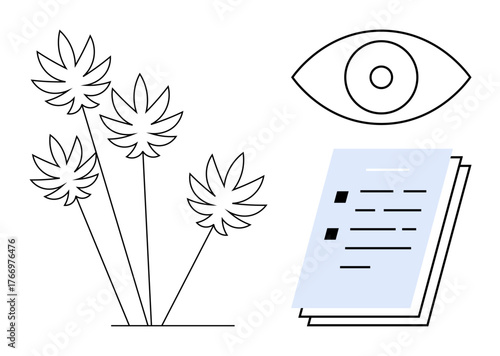 Abstract cannabis plant, minimal eye, and checklist document stack represent observation, nature, and information tracking. Ideal for wellness, policymaking, documentation, research education