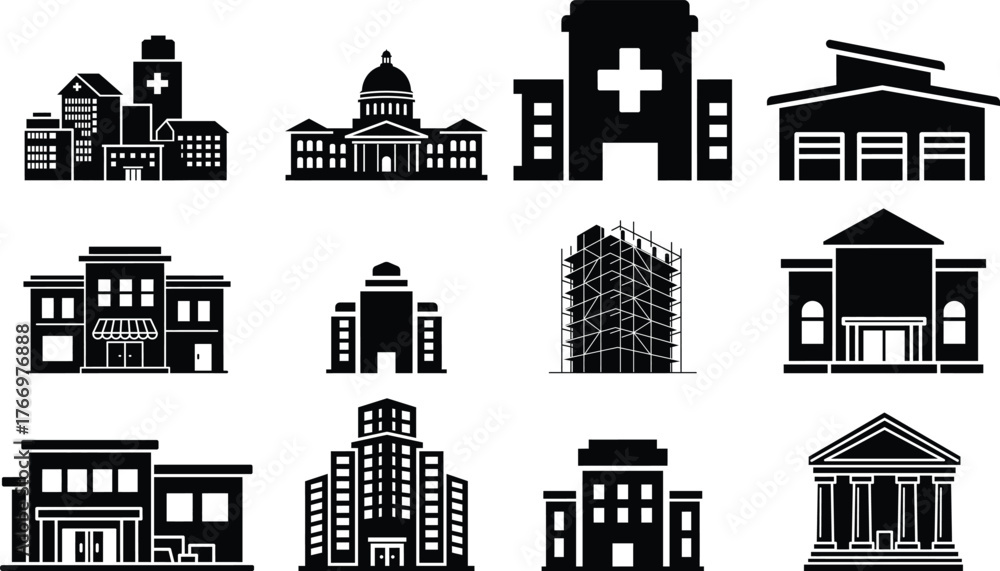 Fototapeta premium Collection of diverse building silhouettes representing various architectural styles and institutions