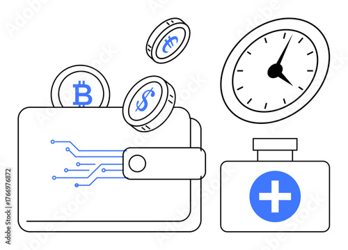 Wallet with digital circuit, cryptocurrency coins, clock, and medical kit suggesting financial planning, health insurance, investment, time management, savings, digital economy simple flat metaphor