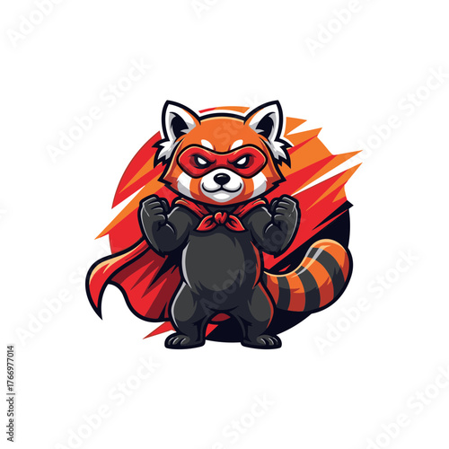 Cartoon Red Panda Superhero Mascot with Fiery Background.