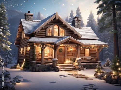 Wallpaper Mural Cozy Winter Log Cabin in Snowy Forest with Holiday Lights, Wreath, and Mountain Twilight Torontodigital.ca