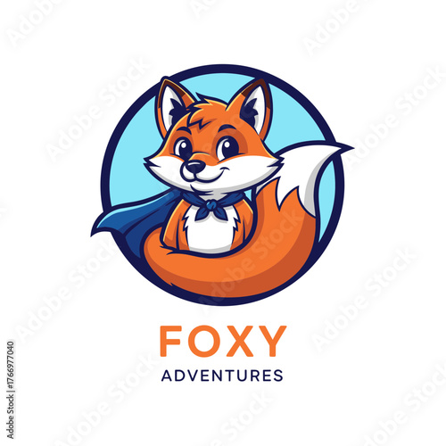Charming Fox Mascot with Cape in Circle Logo for Foxy Adventures.