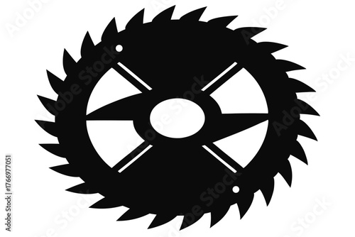 The circular saw blade boasts sharp, pointed teeth and four reinforcing bars in black