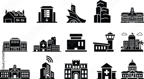 Collection of diverse building silhouettes representing various architectural styles and institutions for graphic design