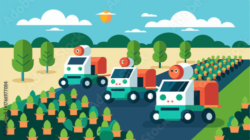 A fleet of selfdriving robots working efficiently together delivering nutrients to different sections of a crop field simultaneously.. Vector illustration