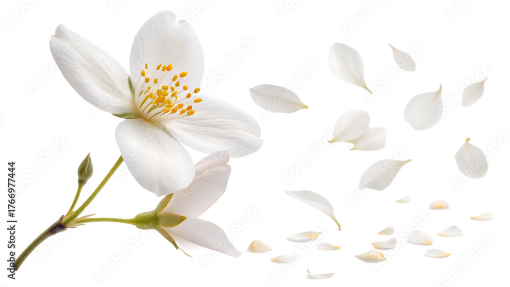 Obraz premium Flying flower of jasmine falling in the air cut out on PNG. AI GENERATED.