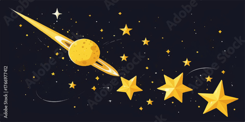 A simple vector illustration of a cartoon moon and stars in the dark night sky
