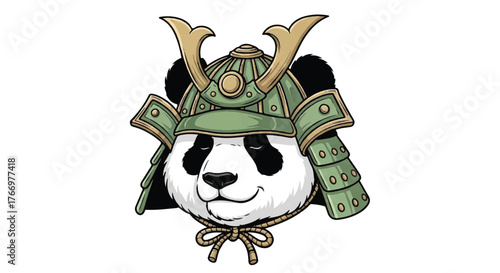 A detailed illustration of a panda wearing a traditional Japanese samurai helmet, smiling.