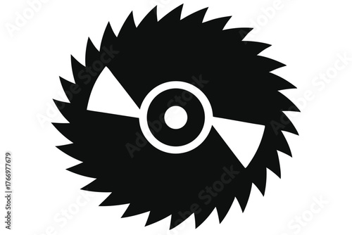 Black circular saw blade spins with two opposing segments visible against a white background